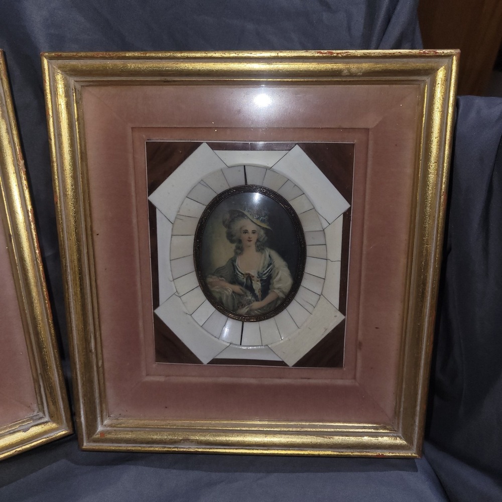 Victorian Portraits Miniature Hand Painted Bakelite Frame Lady Gold Matted Pair - Picture 3 of 11